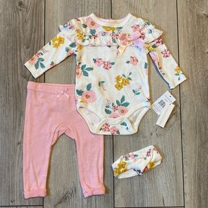 Catherine Malandrino Baby Girl Long Sleeve Onesie w/ Pants & Band 3-piece Set
